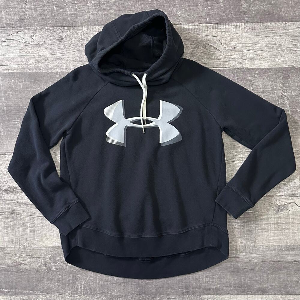 Under Armour Rival Fleece Logo Hoodie Women M Black Funnel Neck Loose Fit Lounge